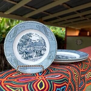 Cavalier Ironstone Royal China USA 3 Pieces Set Navy Transferware Vintage Plates